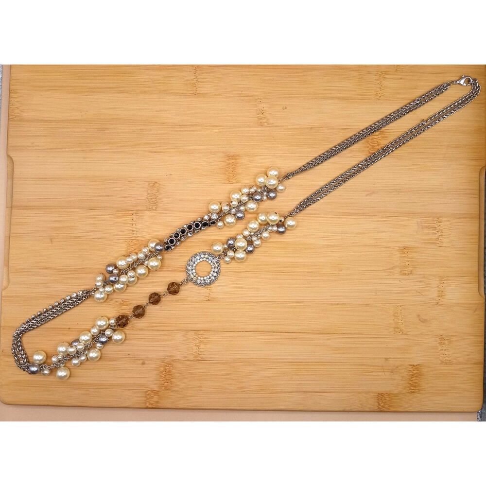 Vintage Mixed Media Faux Pearls, Clear & Black Rhinestones Lucite Beads Necklace